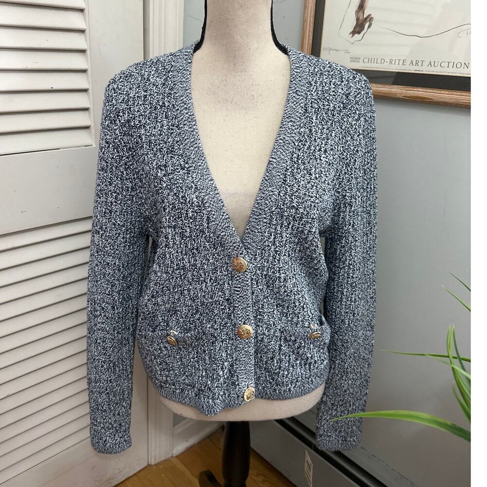On 34th Sweater Womens Large Blue Combo Cardigan Gold Buttons Chunky Knit Preppy